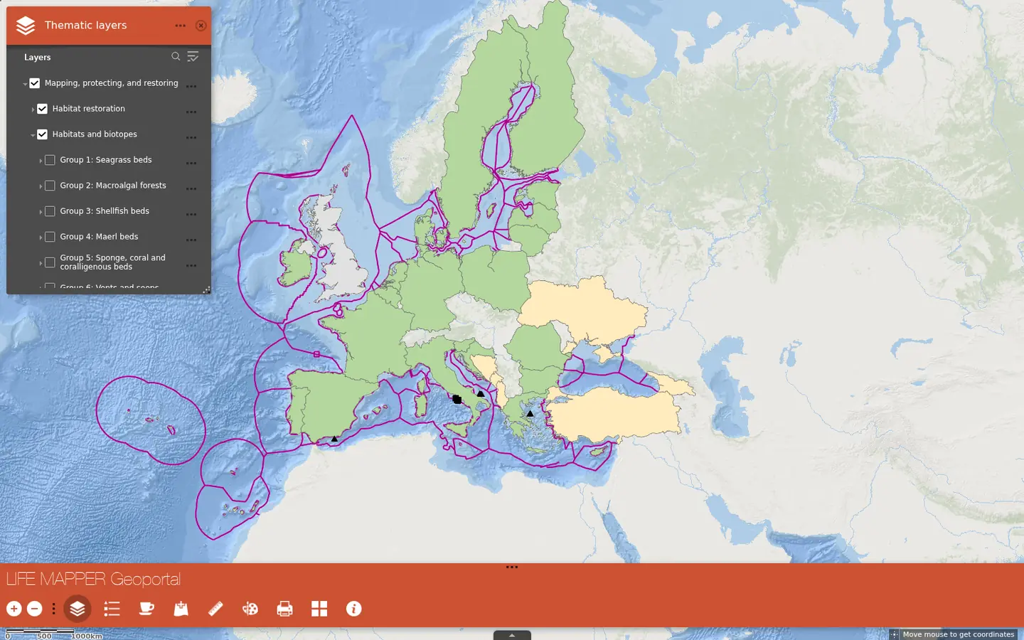 The Life Mapper Geoportal showing EU marine habitat layers on an interactive map